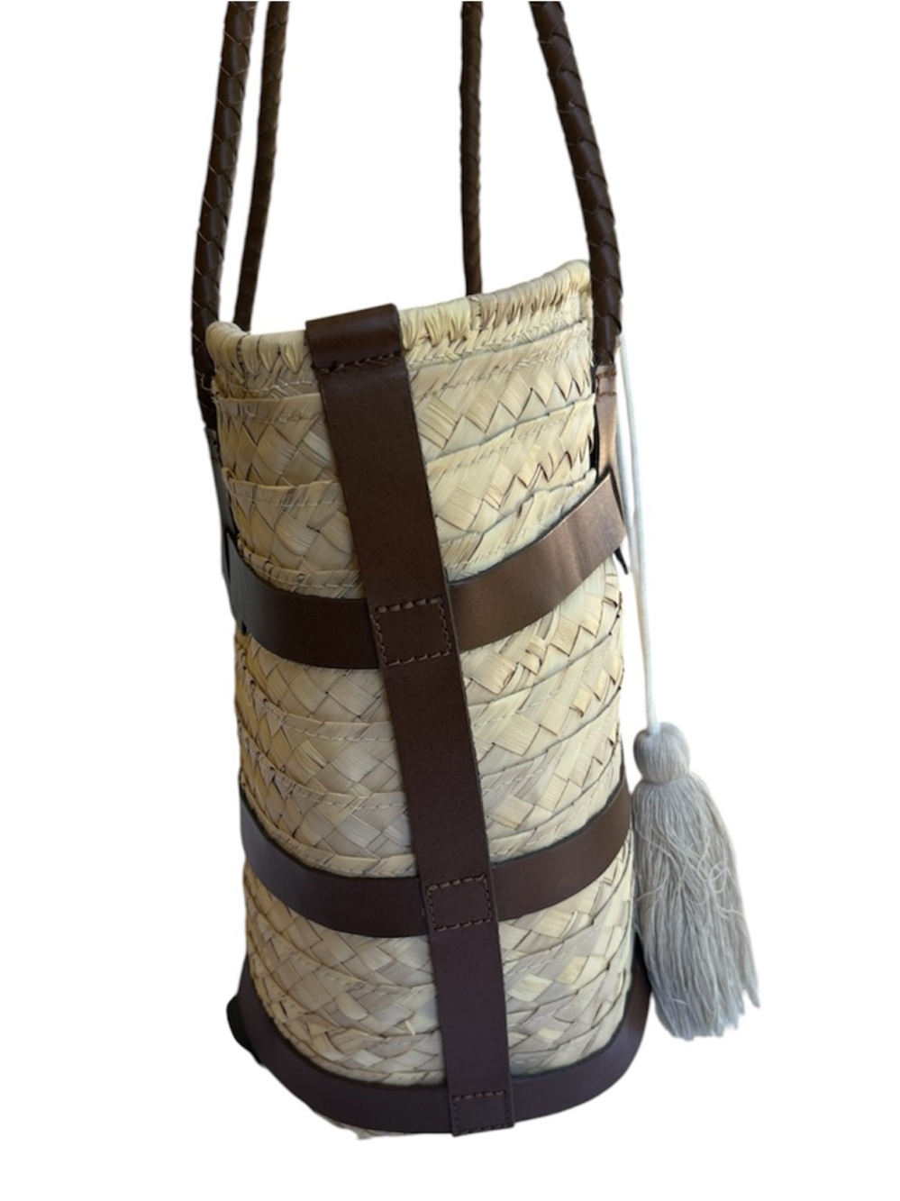 J.Jill Woven Straw Basket Tote Bag Brown Leather Trim Large Tassel Accents - Picture 2 of 8